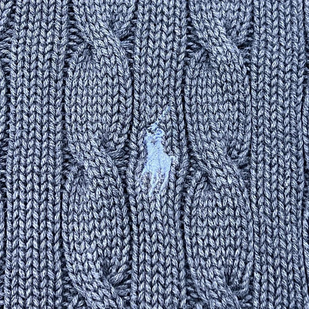 VTG Polo Ralph Lauren Cable Knit Sweater Mens Small Blue V-Neck Cotton Pullover